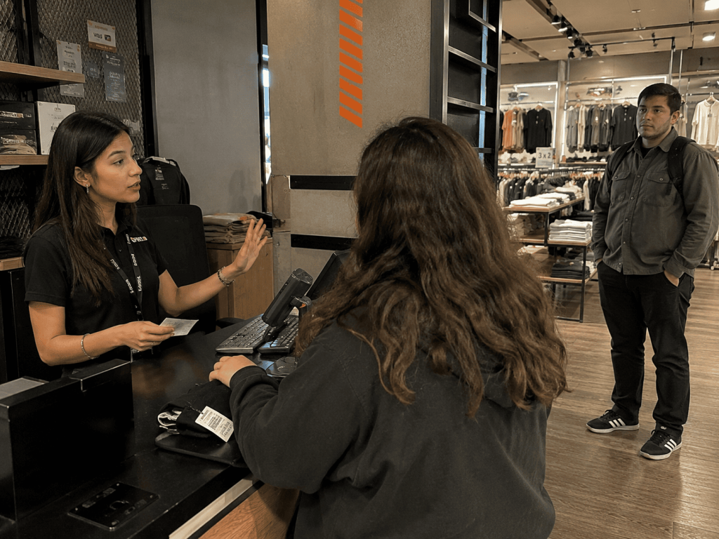 Asesor de retail manejando el flujo de clientes con contacto visual y empatía para evitar reclamos.