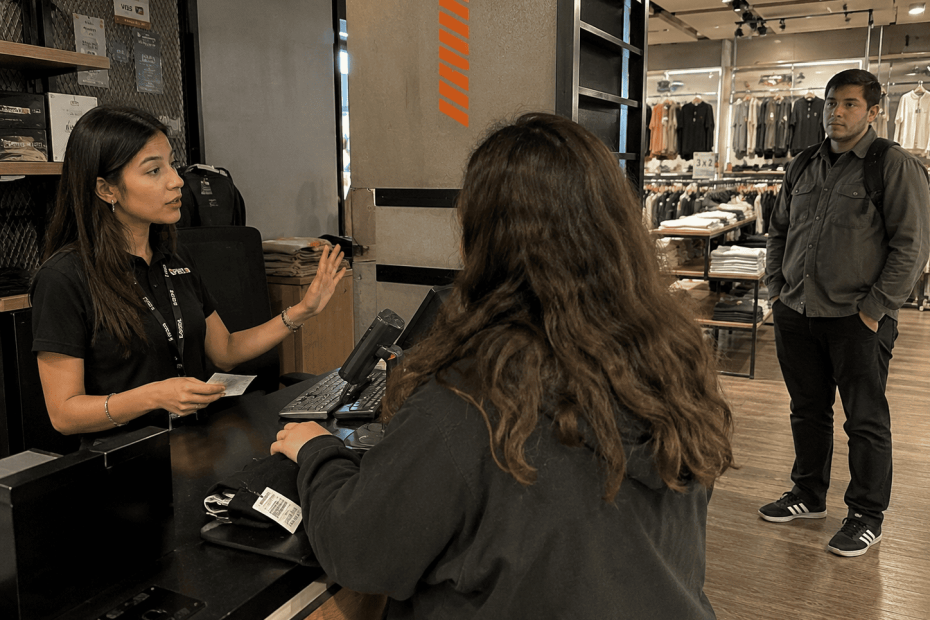 Asesor de retail manejando el flujo de clientes con contacto visual y empatía para evitar reclamos.