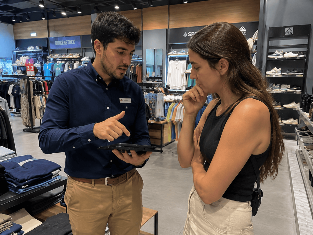 Asesor de compra orientando a un cliente mediante una atención personalizada y experta en retail.
