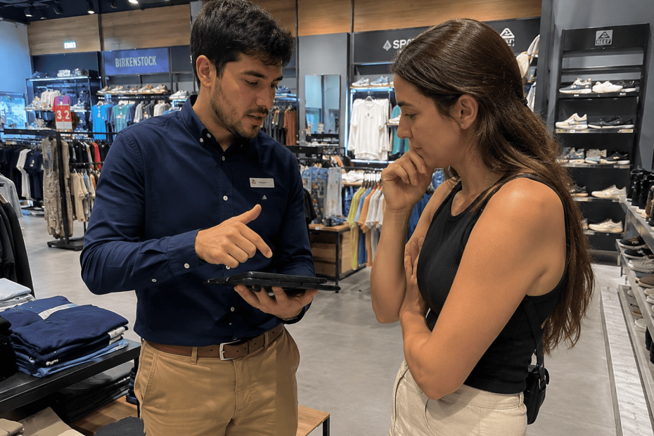 Asesor de compra orientando a un cliente mediante una atención personalizada y experta en retail.