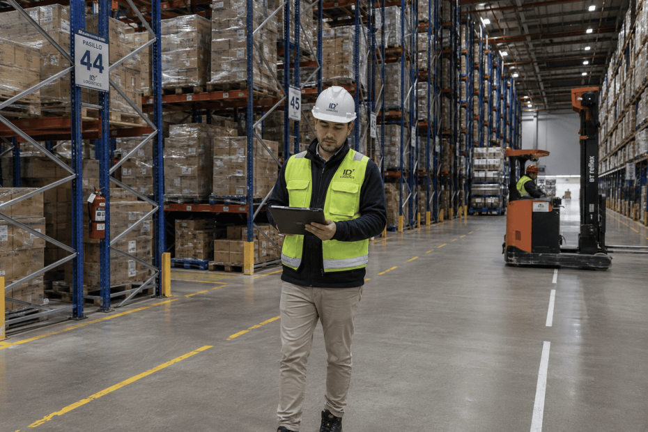 Profesional logístico caminando por un moderno centro de distribución impulsado por el crecimiento del e-commerce en Chile.
