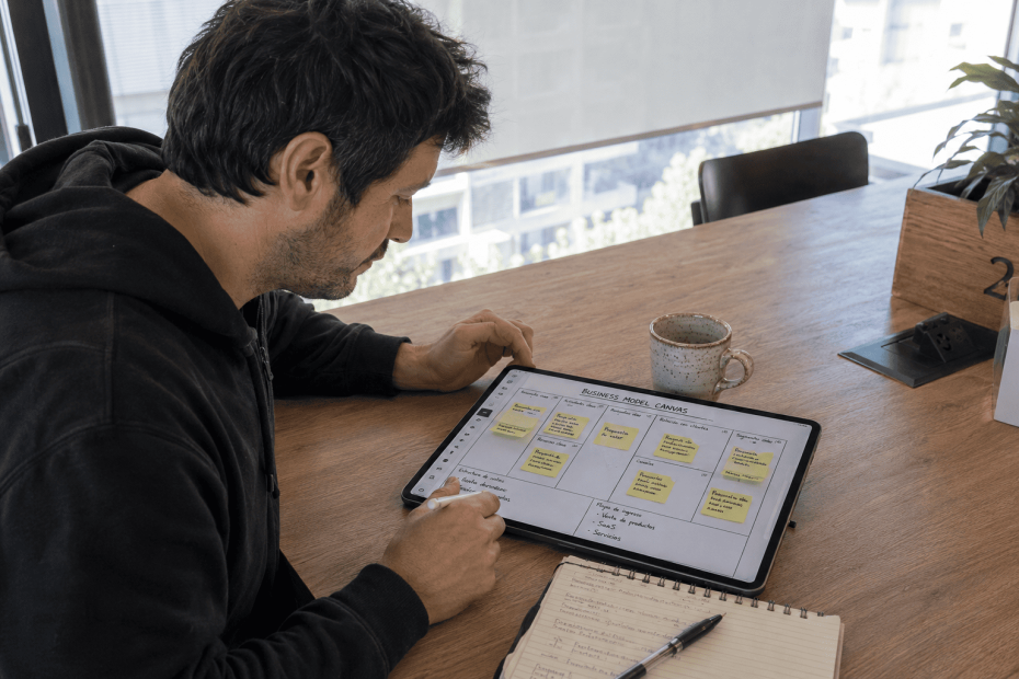 Profesional chileno diseñando un modelo de negocios flexible usando el Business Model Canvas en un cowork de Santiago.