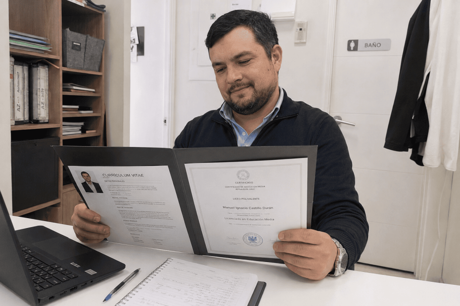 Reclutador de retail revisando un currículum destacado con certificación en atención al cliente.