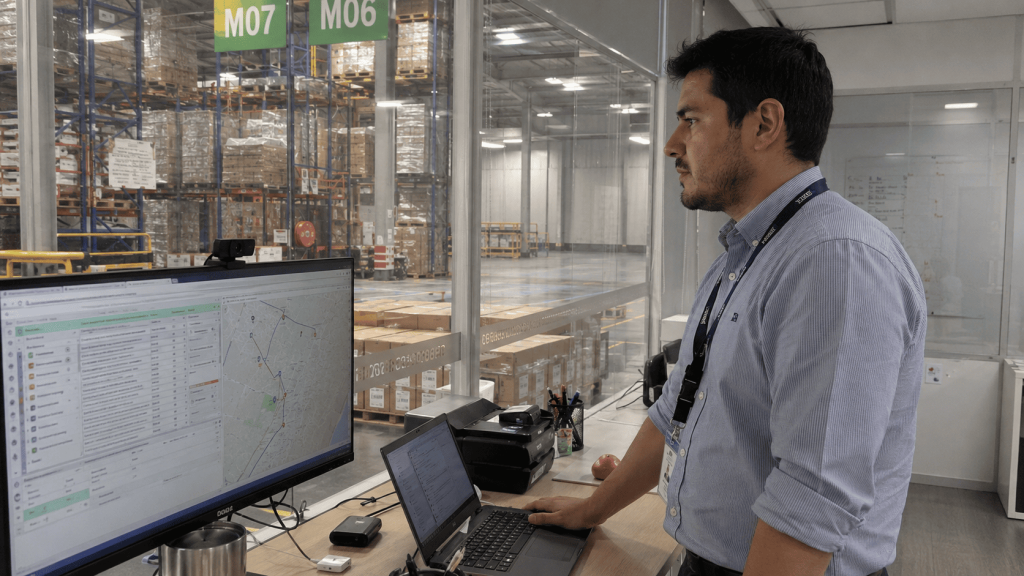 Coordinador logístico planificando rutas y despachos desde la oficina de control de una bodega en Chile.