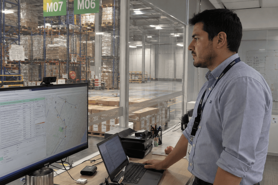 Coordinador logístico planificando rutas y despachos desde la oficina de control de una bodega en Chile.