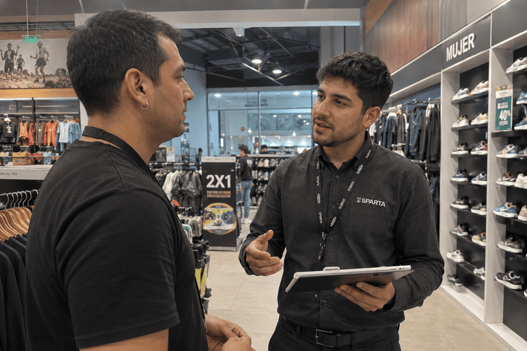 Supervisor de retail conversando y formando a un integrante de su equipo de ventas en la tienda.