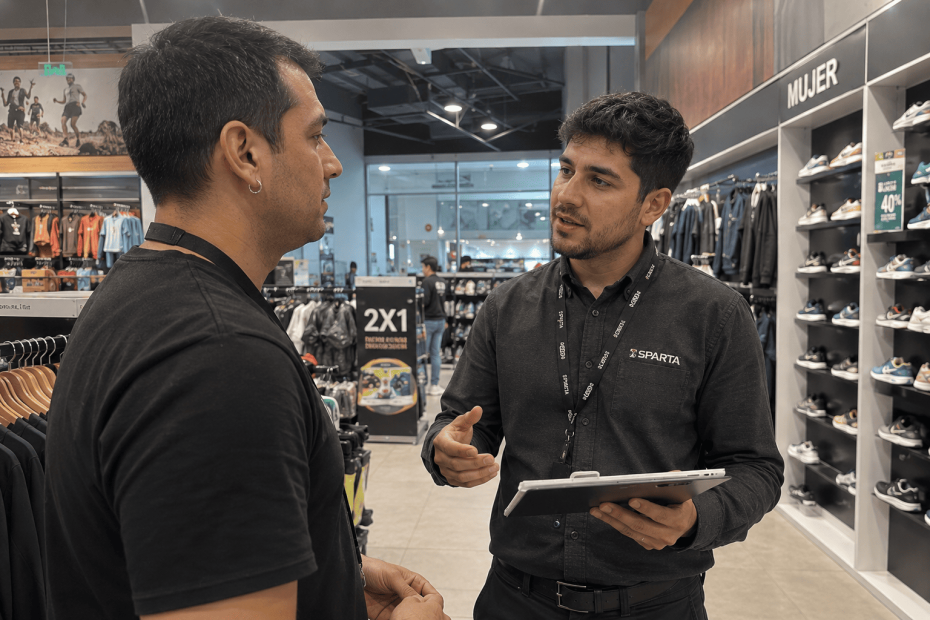 Supervisor de retail conversando y formando a un integrante de su equipo de ventas en la tienda.