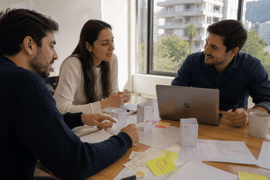 Equipo de emprendedores chilenos testeando un prototipo básico mediante metodologías de Design Thinking.