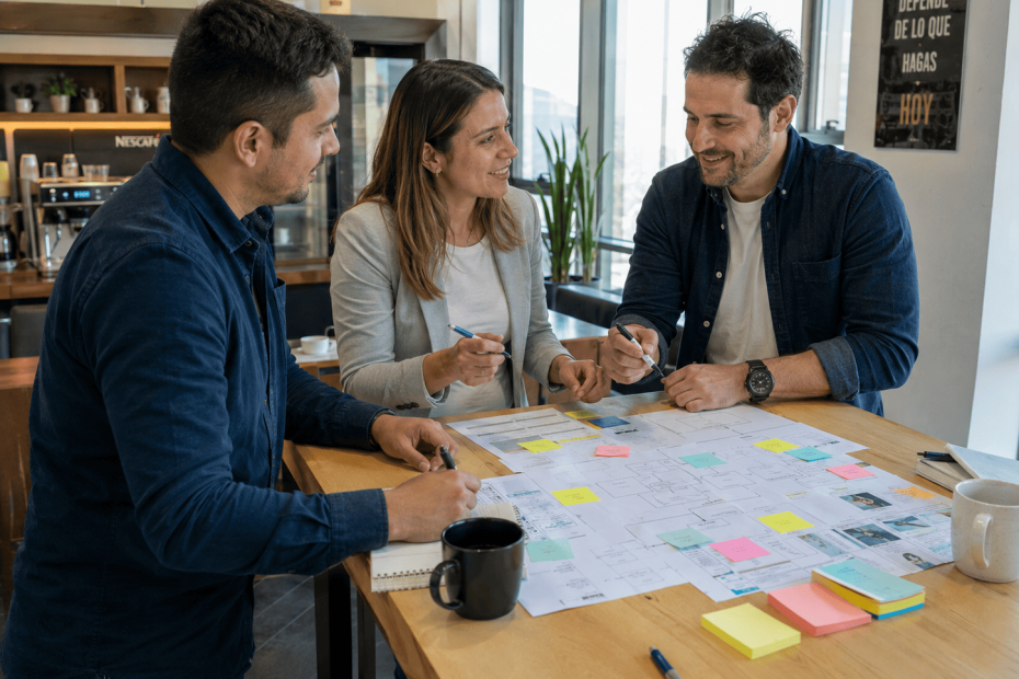 Equipo multidisciplinario de profesionales chilenos co-diseñando un proyecto de innovación interna en su oficina.