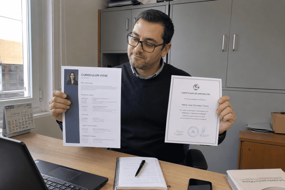 Reclutador de farmacia seleccionando un currículum que incluye certificado de preparación técnica.