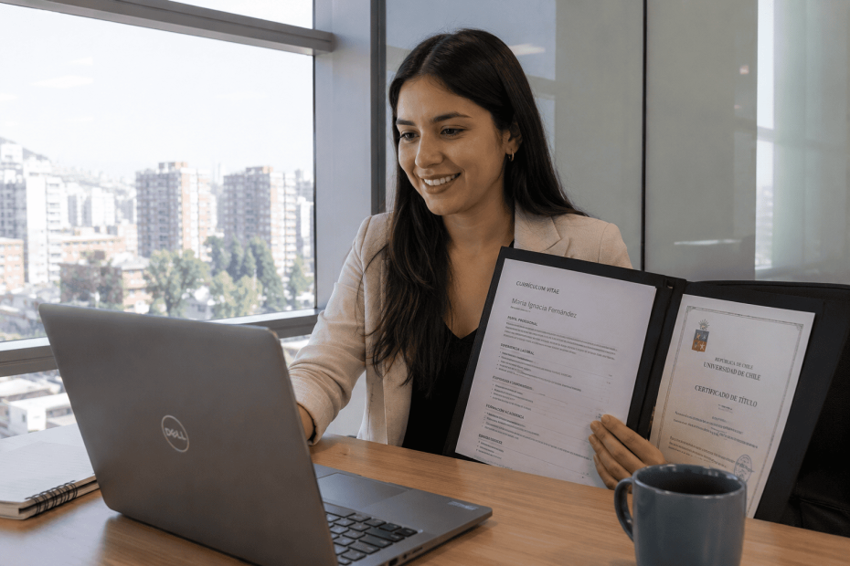 Profesional revisando con éxito su currículum vitae estructurado técnicamente para postular a empresas en Chile.