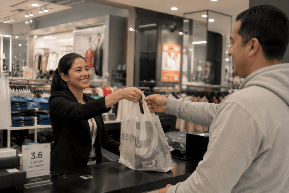 Asesor de ventas entregando un producto a un cliente fidelizado y satisfecho en una tienda.