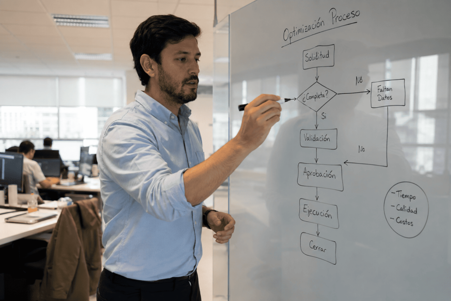 Profesional chileno estructurando un proyecto de mejora interna en la pizarra de su oficina para presentarlo a la gerencia.