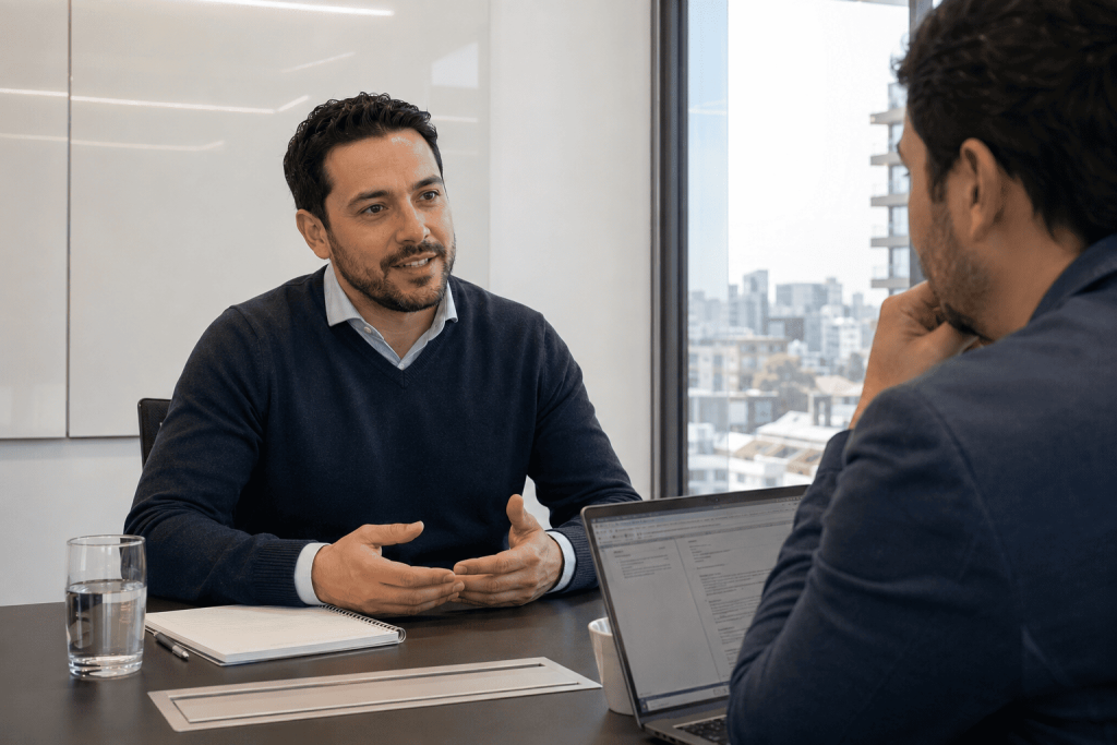 Profesional chileno explicando con seguridad y honestidad sus periodos de transición laboral en una entrevista de trabajo.