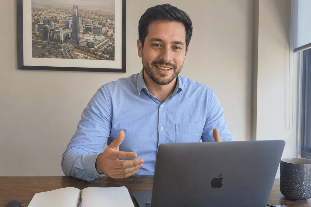 Candidato chileno manejando con éxito su lenguaje no verbal en una entrevista de trabajo online por Zoom.