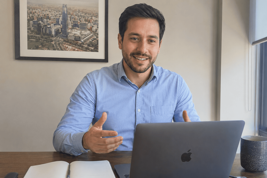 Candidato chileno manejando con éxito su lenguaje no verbal en una entrevista de trabajo online por Zoom.