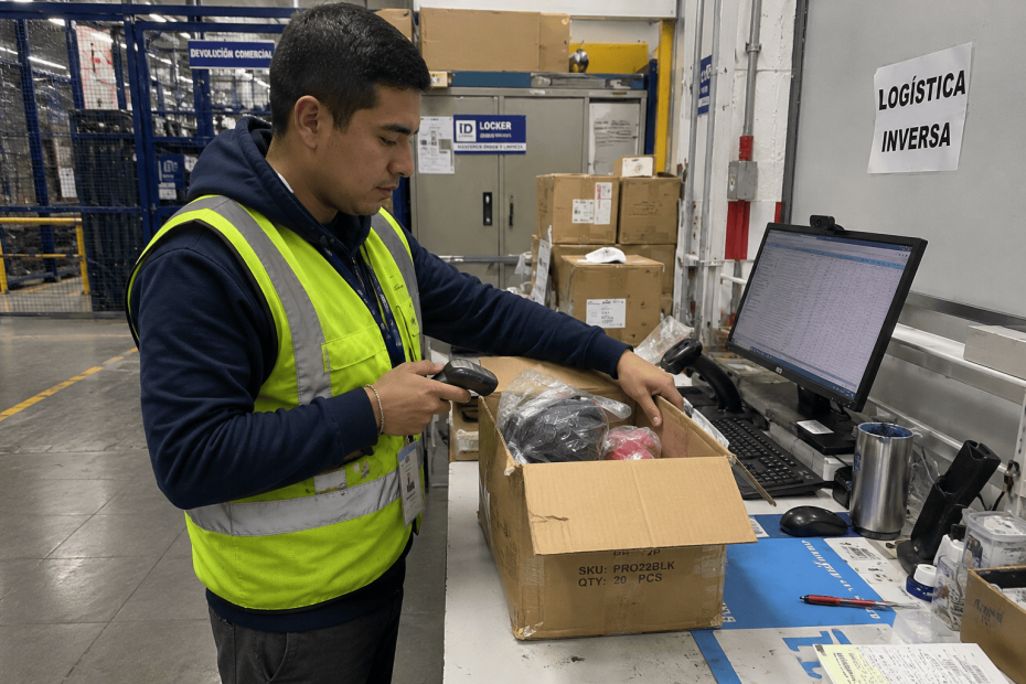 Operario logístico gestionando e inspeccionando una caja devuelta en la zona de logística inversa de un centro de distribución.