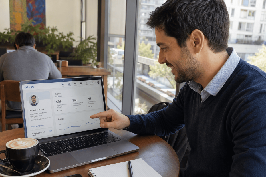 Profesional chileno optimizando su perfil de LinkedIn con palabras clave estratégicas para encontrar pega en Santiago.