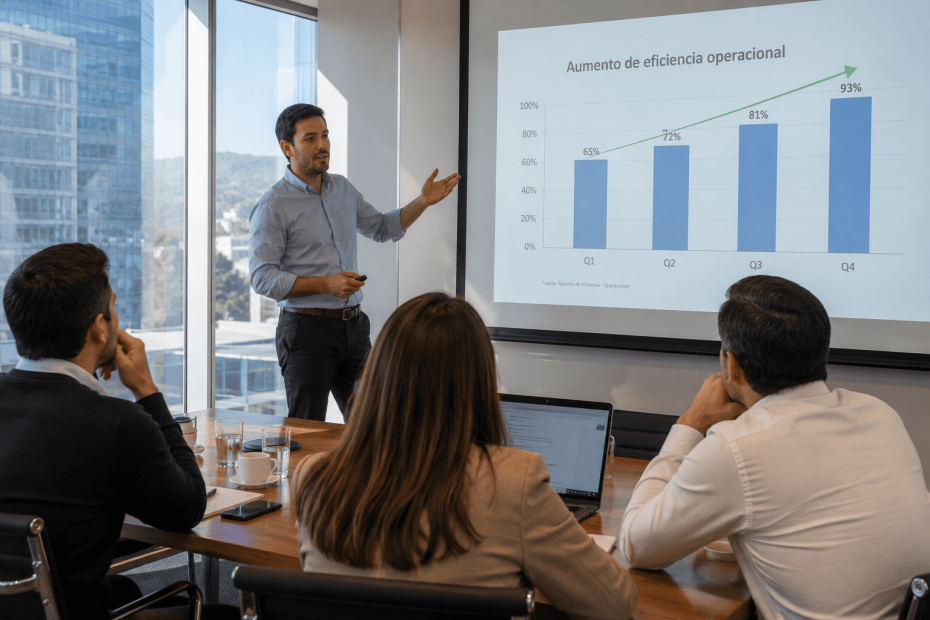 Profesional chileno realizando un pitch corporativo de alto impacto ante el directorio de su empresa en Santiago.