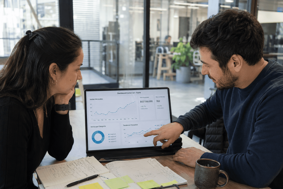 Socios de una pyme chilena analizando datos y métricas comerciales para decidir si pivotar o perseverar con Lean Startup.