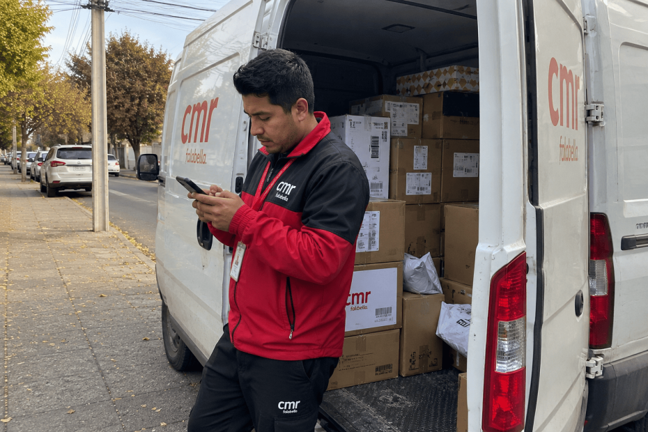 Chofer de reparto verificando la ruta de despacho eficiente en su dispositivo móvil durante su turno en Chile.