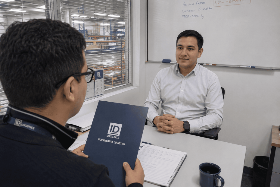 Postulante respondiendo con seguridad preguntas técnicas sobre conceptos logísticos en una entrevista de trabajo para bodega.