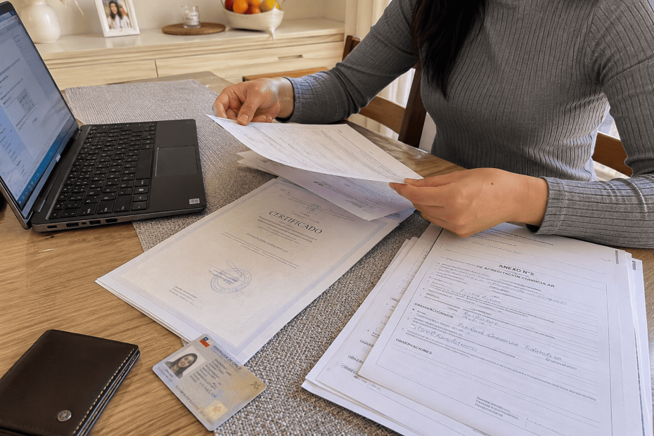 Postulante organizando sus documentos y certificados para rendir el examen SEREMI de auxiliar de farmacia.