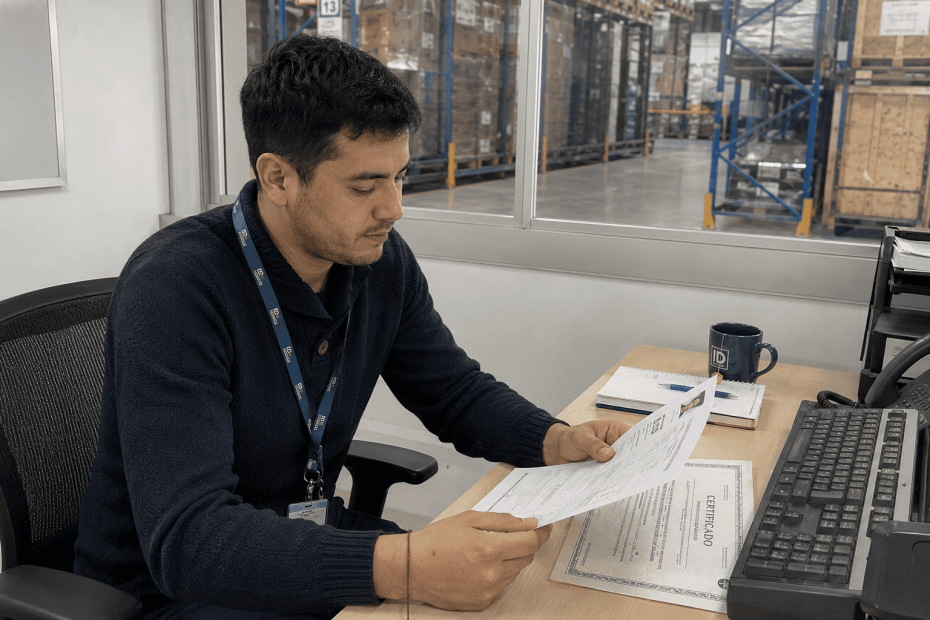 Reclutador de logística seleccionando un currículum destacado con certificación en gestión de bodega y despacho.
