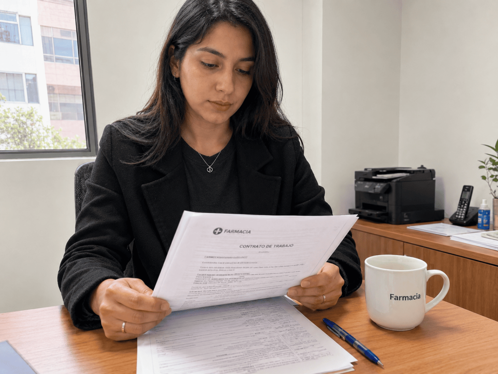 Profesional firmando un contrato de trabajo con excelente sueldo como auxiliar de farmacia.
