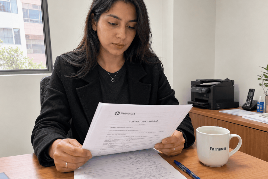 Profesional firmando un contrato de trabajo con excelente sueldo como auxiliar de farmacia.