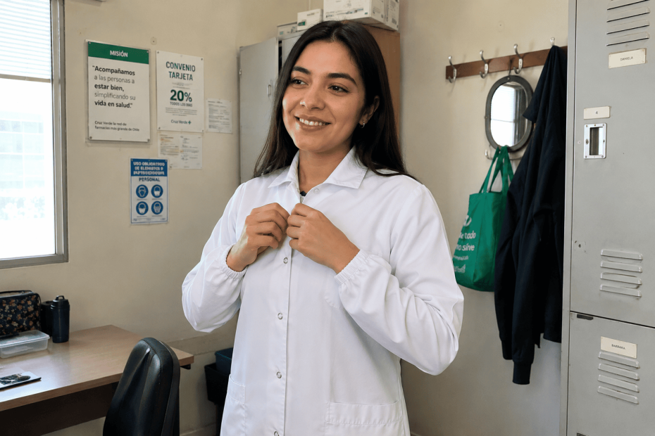 Profesional poniéndose un delantal blanco tras hacer la transición laboral a auxiliar de farmacia.